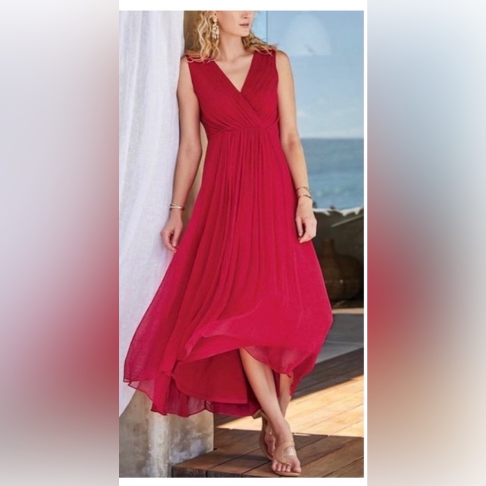 Soft Surroundings Red Charmonte Dress Chiffon Crinkle Gauze w/built in slip NWOT